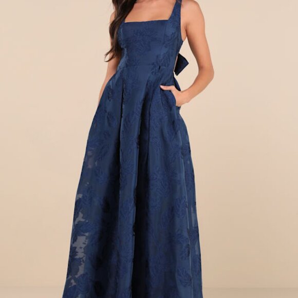 Lulus Perfected Aura Navy Jacquard Tie-back Maxi Dress With Pockets Blue - Picture 1 of 1